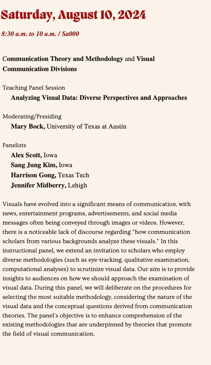 AEJMC CT&M Division (@aejmc_ctm) on Twitter photo Rise and shine! Our joint panel with <a href="/aejmcviscom/">AEJMC VisCom</a> on diverse perspectives and approaches to analyzing visual data begins in one hour! Moderated by @professorBock with panelists @SangJungKim2 <a href="/JMidberry/">Jennifer Midberry</a> and Alex Scott and Harrison Gong. Rise and shine! Our joint panel with <a href="/aejmcviscom/">AEJMC VisCom</a> on diverse perspectives and approaches to analyzing visual data begins in one hour! Moderated by @professorBock with panelists @SangJungKim2 <a href="/JMidberry/">Jennifer Midberry</a> and Alex Scott and Harrison Gong.