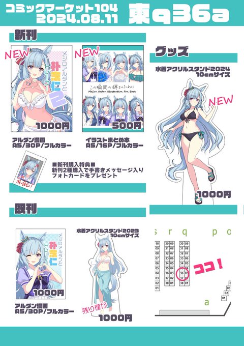 c104 夏コミ
 改めて明日のお品書きです
アルダンの漫画本、イラストまとめ本、アクスタを頒布します
新刊二種を購入頂いた方に先着でチェキ風フォトカードをプレゼント
東q36a さしみ工房 よろしくお願いします🙏 