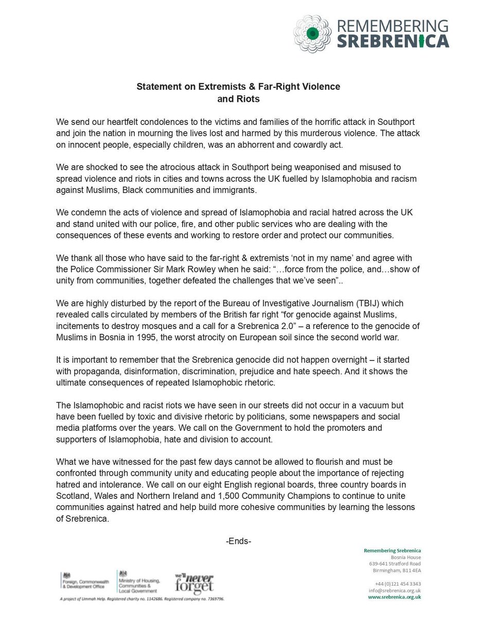 Remembering Srebrenica's statement on the extremists &amp; far-right violence and riots.