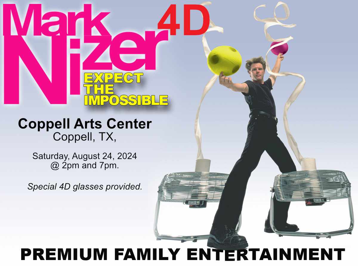 I am excited to announce 2 gigs at the gorgeous Coppell Arts Center in Coppell, TX, Saturday, August 24, 2024 @ 2pm and 7pm. This is my MEGA show and includes special 4D glasses. Experience something unique. Cell phone are part of the show. More info: loom.ly/NHJd6ls