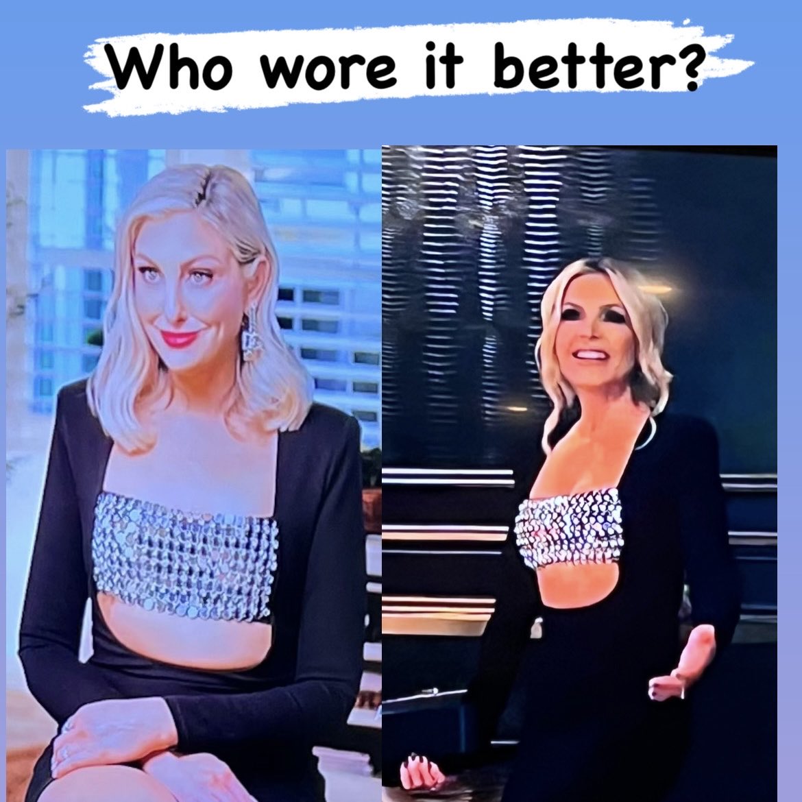 ShesSoPoised's tweet photo. Who wore it better - Gina or Tamra? Anyone else think this is a really tough dress to wear on camera? Maybe it looks better in person? 🤣 #rhoc #bravo https://t.co/yq0SKVLGgb