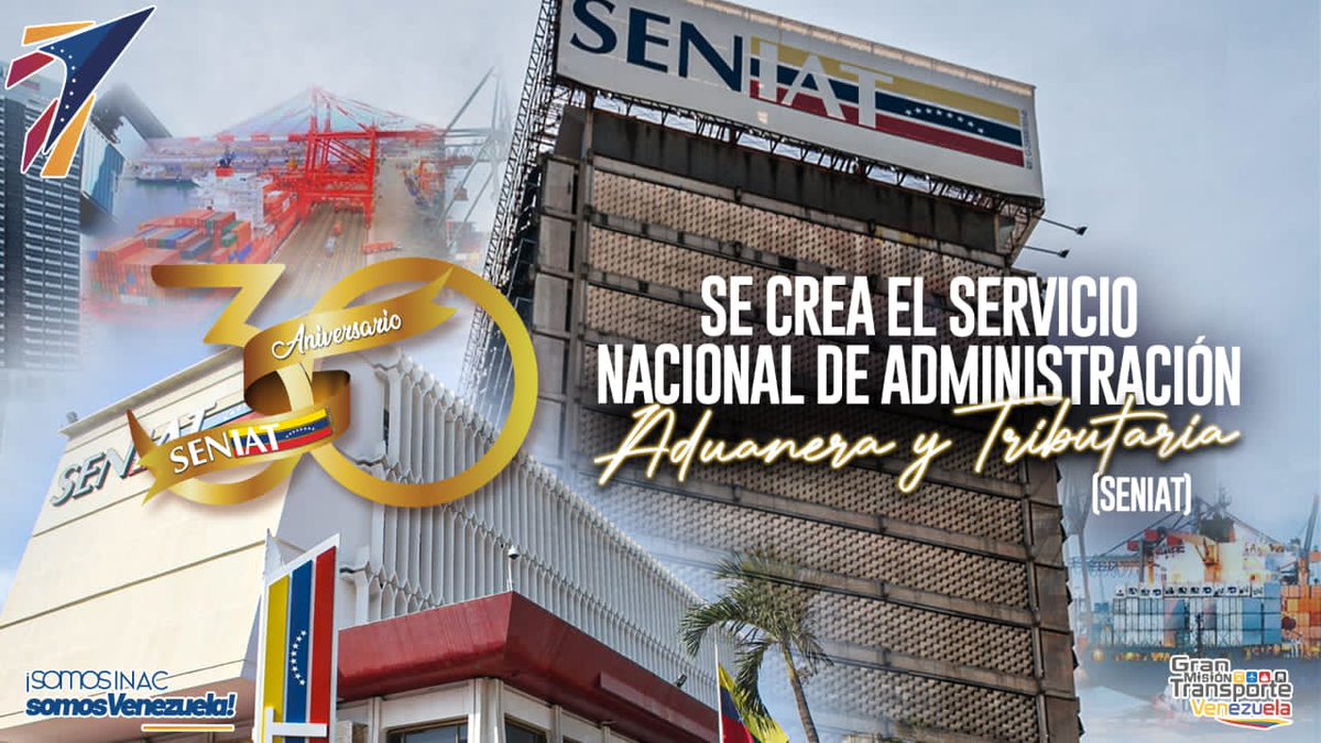 #Efemérides 📆 || Felicitamos al <a href="/SENIAT_Oficial/">SENIAT</a> por arribar a 30 años administrando eficientemente los procesos aduaneros y tributarios del país, convirtiéndose en una revolucionaria institución modelo al servicio del pueblo venezolano.