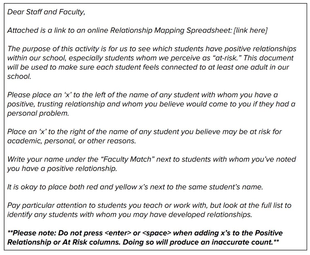 Making sure every student has a positive connection with at least one caring school staff member can reduce bullying, lower drop-out rates and boost SEL capacity.

This relationship mapping toolkit from @MCCHarvardEd can help:

static1.squarespace.com/static/5b7c56e…