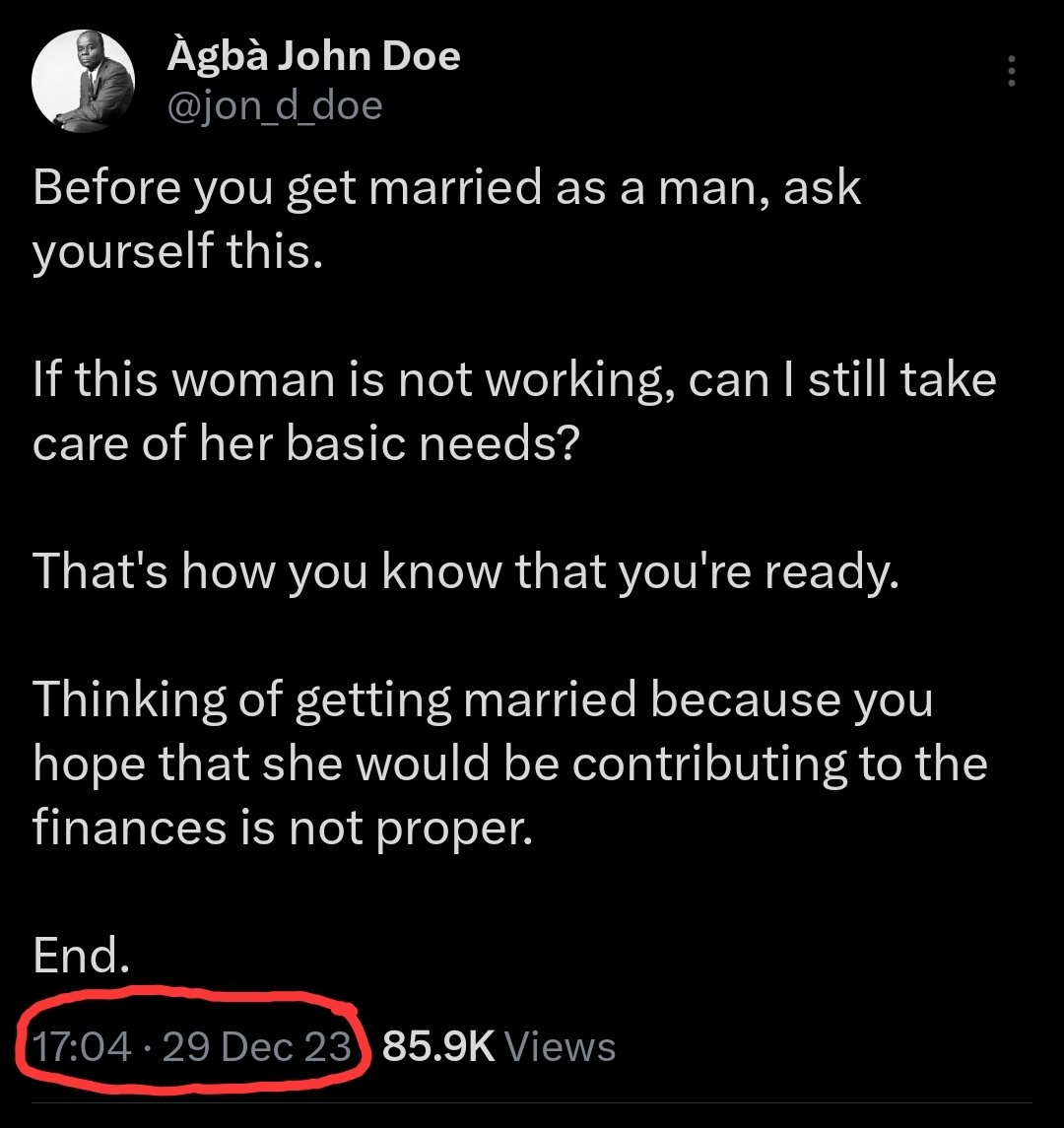 jon_d_doe's tweet photo. No matter how men want to claim that things are different in this generation, I'll continue to say it.

And I'll also continue to alert women not to enable you.

Be alive to your responsibilities, plan according to your resources, or you remain single.

Women money no dey sweet. https://t.co/8apojF2zBg