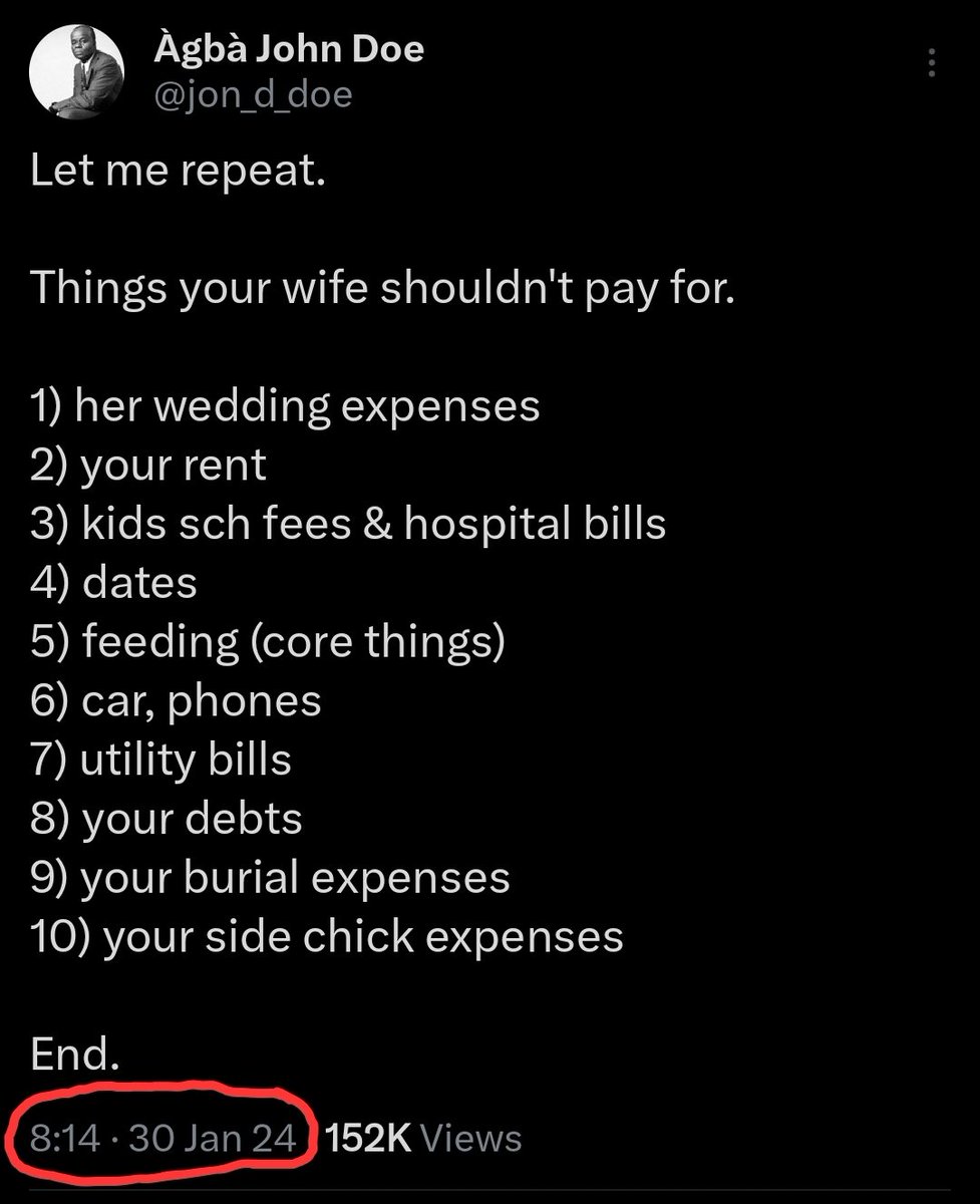 jon_d_doe's tweet photo. No matter how men want to claim that things are different in this generation, I'll continue to say it.

And I'll also continue to alert women not to enable you.

Be alive to your responsibilities, plan according to your resources, or you remain single.

Women money no dey sweet. https://t.co/8apojF2zBg