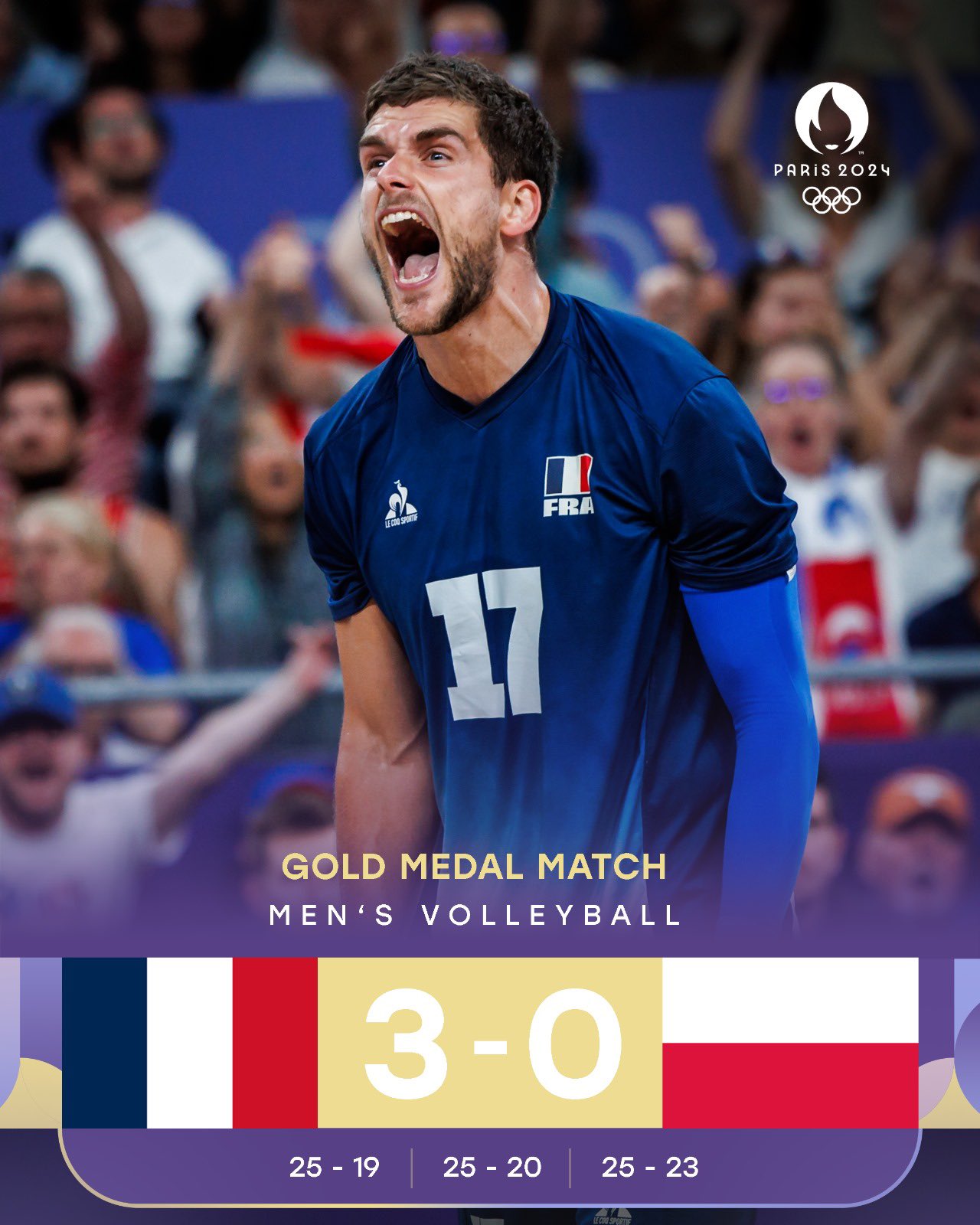 Grafika przedstawiająca wynik końcowy meczu o złoty medal w siatkówce.