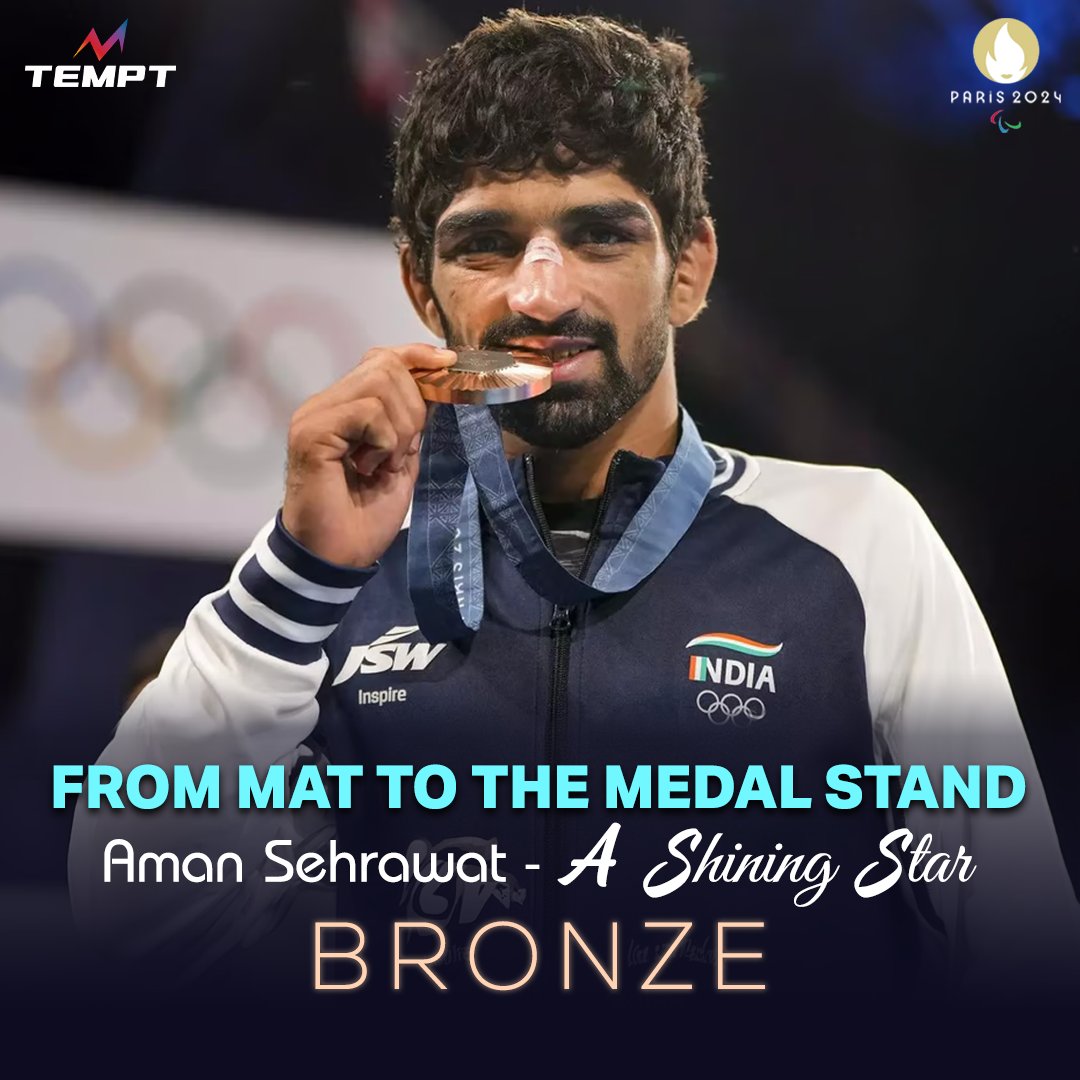 IndiaTempt's tweet photo. 🥉Bronze Magic Continues! 
Aman Sehrawat conquers the wrestling mat and brings home a bronze medal from Paris 2024! 🏆 
His incredible performance and dedication shine through, making us all proud. Congrats, Aman—your victory is inspiring!

#AmanSehrawat #ParisOlympics2024 https://t.co/tBpoOEPoW9