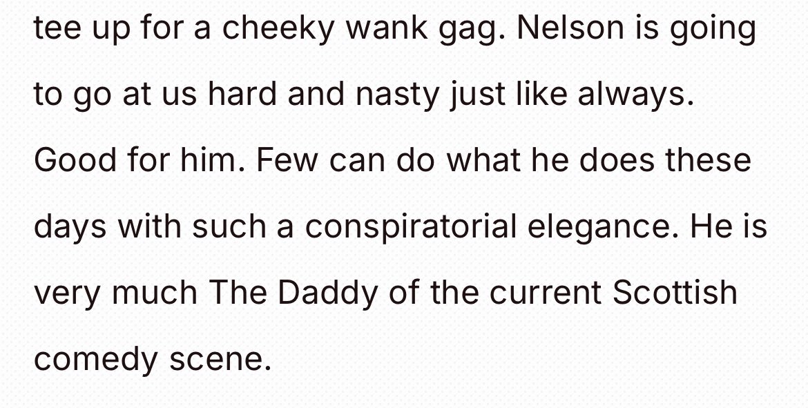 First review from <a href="/BritishComedy/">British Comedy Guide</a>. They don’t go for the reductive star rating method which is refreshing. 

It’s rewarding when reviewer gets what kind of comic you are. 

And this quote is just excellent