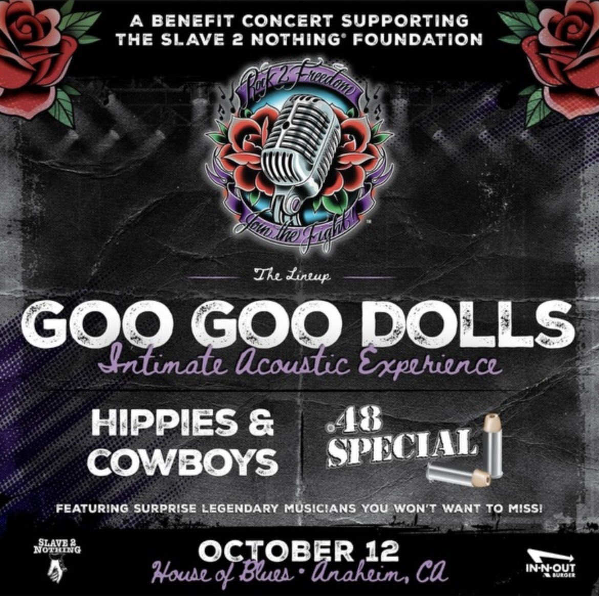 @hippiesandcowboysband (@hippiesandcowb1) on Twitter photo Join us and <a href="/googoodolls/">Goo Goo Dolls</a> as we benefit the Slave2Nothing Foundation on October 12th at the @hobanaheim. All proceeds go to set people free from addiction and substance abuse. Tickets: slave2nothing.org #googoodolls #hippiesandcowboys #houseofblues #slave2nothing Join us and <a href="/googoodolls/">Goo Goo Dolls</a> as we benefit the Slave2Nothing Foundation on October 12th at the @hobanaheim. All proceeds go to set people free from addiction and substance abuse. Tickets: slave2nothing.org #googoodolls #hippiesandcowboys #houseofblues #slave2nothing