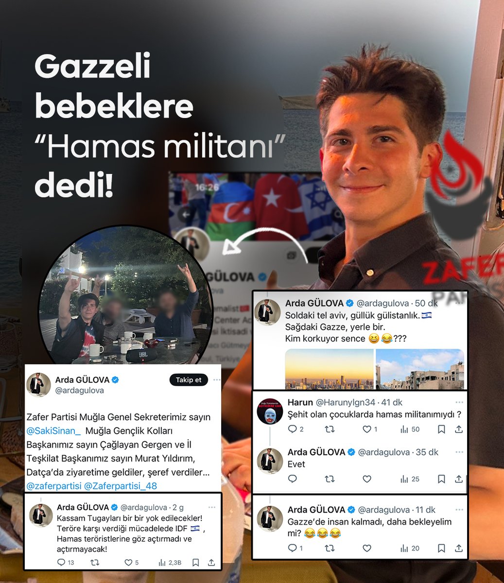 🔴 Zafer Partisi teşkilat yöneticisi Arda Gülova, İsrail’in katlettiği Gazzeli bebeklere “Hamas militanı” dedi.

Gülova sosyal medya hesaplarından her gün soykırımcı İsrail yanlısı provokatif paylaşımlar yapıyor.