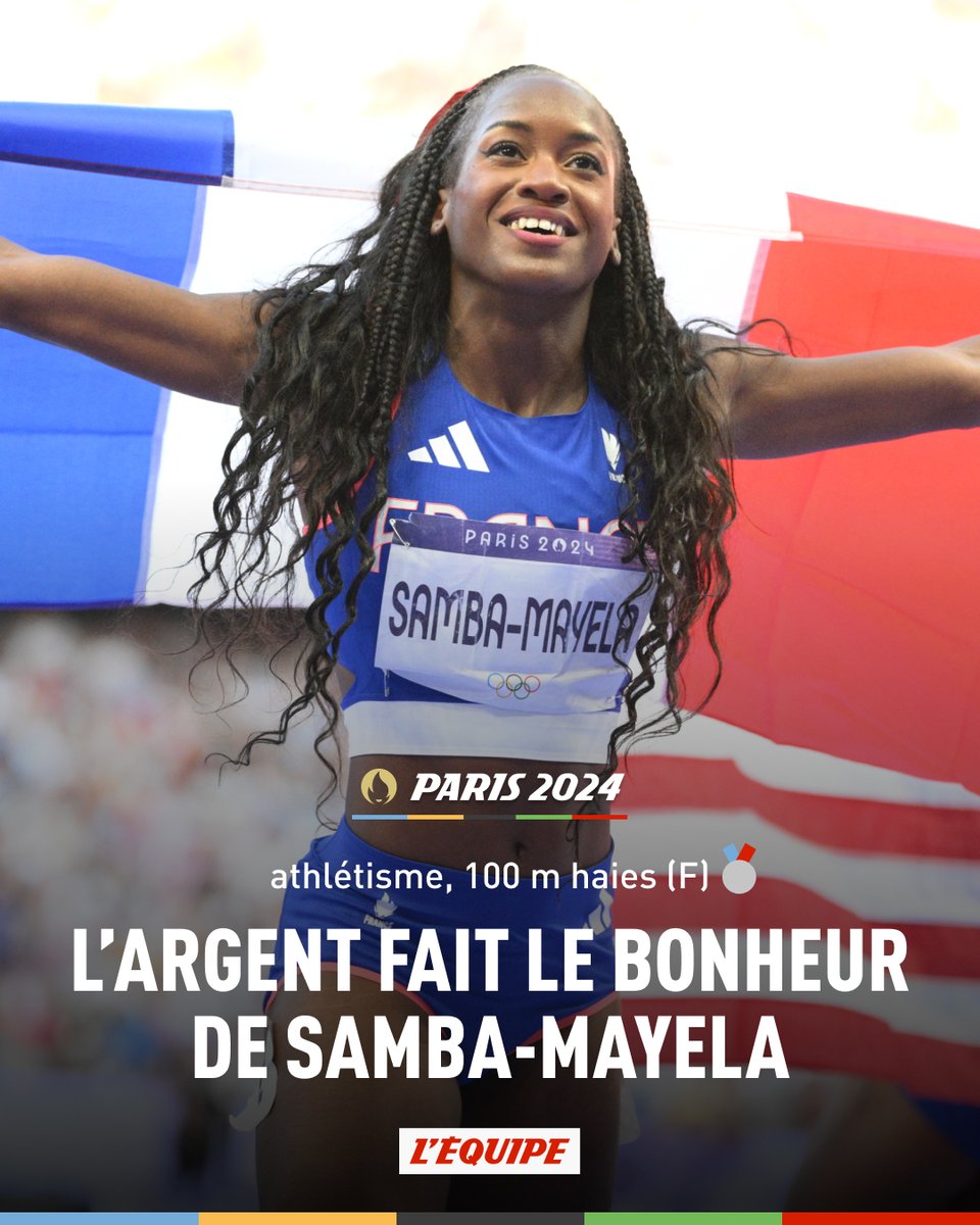 lequipe's tweet image. Cyréna Samba-Mayela a décroché l'argent sur 100 m haies, au terme d'une finale remportée par l'Américaine Masai Russell. Elle remporte la première médaille de l'athlétisme français aux JO 2024. ow.ly/IHKR50SVbIG #Paris2024