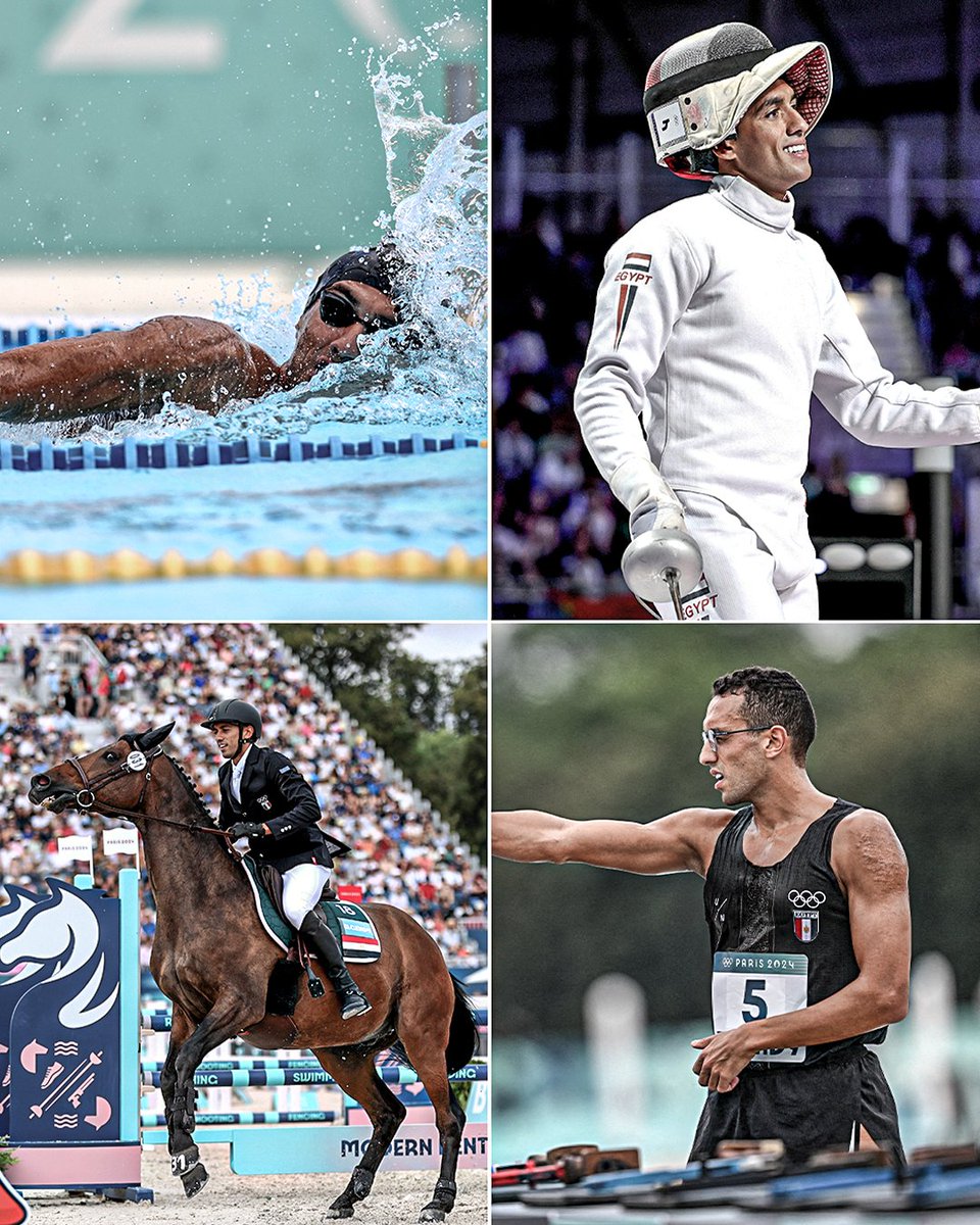 Swimming, fencing, equestrian, shooting, and cross-country running.

Modern pentathlete Ahmed Elgendy won Egypt's first gold medal at Paris 2024, and it didn’t come easy 🤯🥇