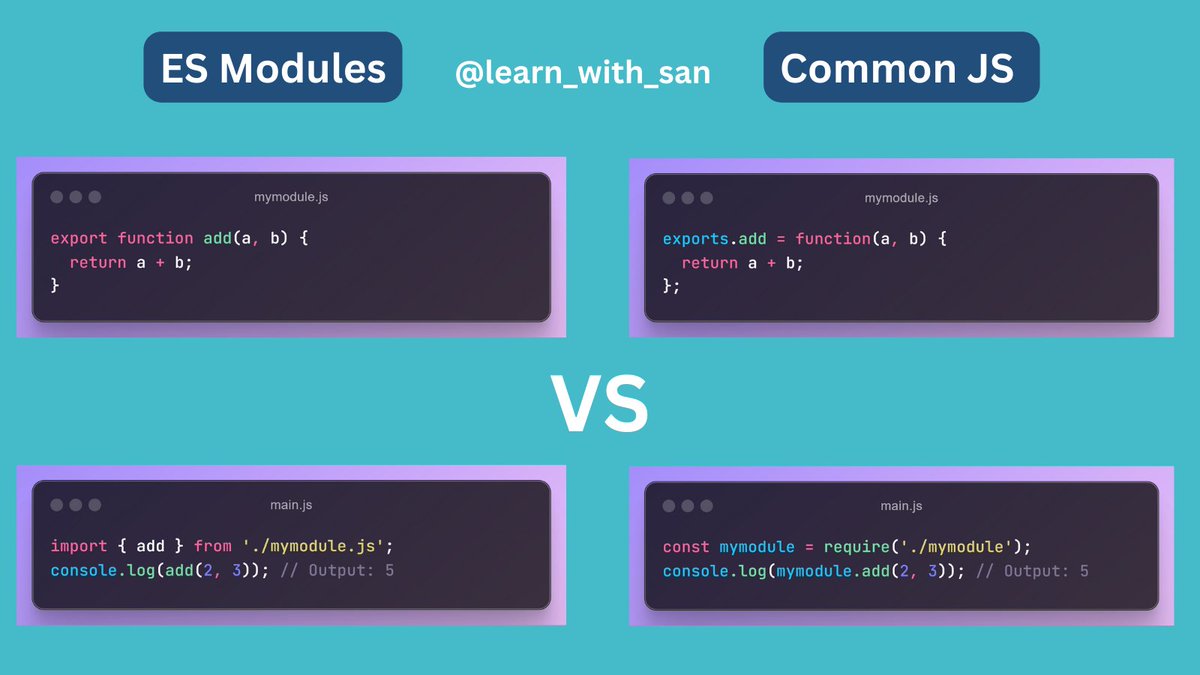 learn_with_san's tweet photo. ESM vs CJS: The Module Showdown! #JavaScript https://t.co/lOAsXs1BJU