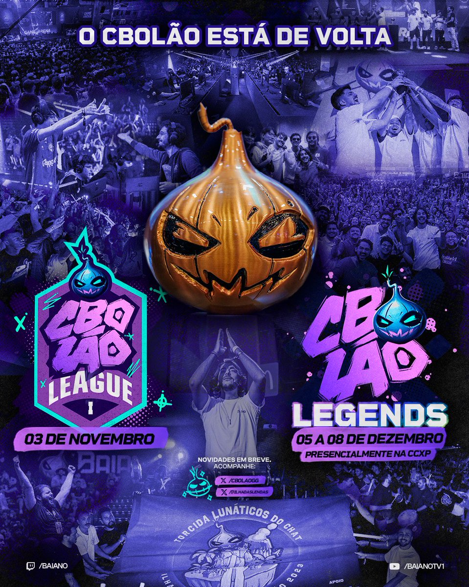CBOLAOgg's tweet image. O CBOLÃO está de volta 🧅

🗓️ 03/11 - Começa o CBOLÃO League

🗓️ 05 a 08/12 - CBOLÃO Legends, presencialmente na CCXP