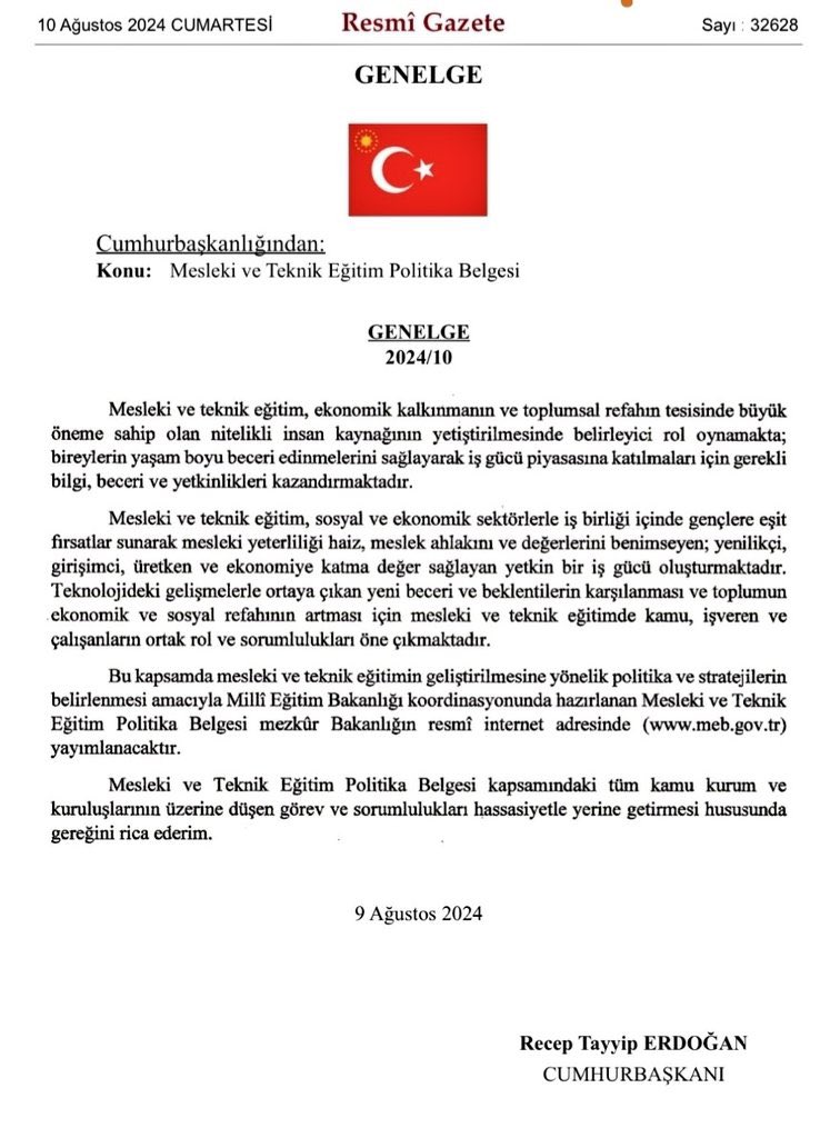 Mesleki ve Teknik Eğitim Politika Belgesi tüm kurum ve kuruluşlarımızın desteği ile hayırlar getirsin inşallah.