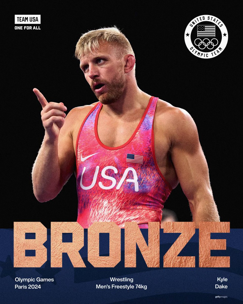TeamUSA's tweet photo. GOT IT DONE! 🥉

Kyle Dake makes a huge comeback and defends his men’s 74kg bronze medal.

#ParisOlympics https://t.co/v6XCEBRaIV