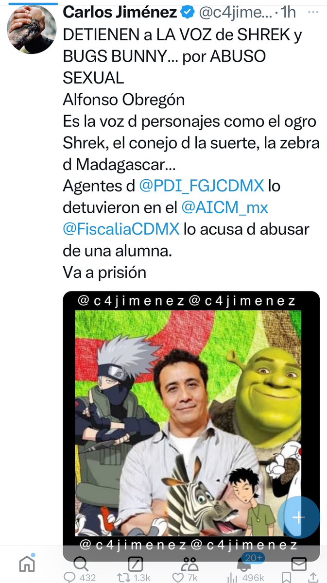 c4jimenez's tweet image. "LO ÚNICO Q HICE FUE DECIRLE a UNA NIÑA APRIETA EL CULO”
Es Alfonso Obregón, la voz de Shrek, Bugs Bunny, la zebra Marti…
Así relató en una entrevista xq lo denunciaron por abuso sexual.
Anoche @PDI_FGJCDMX lo detuvo en @AICM_mx cuando iba a Colombia
Hoy tiene audiencia!