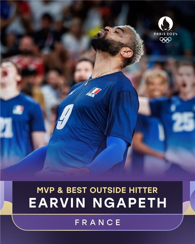 volleyballworld's tweet photo. MEN’S @paris2024 DREAM TEAM ✨ 

🇫🇷 MVP & Best Outside Hitter: Earvin Ngapeth 

🇫🇷 Best Outside Hitter: Trévor Clévenot 

🇫🇷 Best Setter: Antoine Brizard 

🇫🇷 Best Opposite: Jean Patry 

🇫🇷 Best Libero: Jenia Grebennikov

🇵🇱 Best Middle Blocker: Jakub Kochanowski

🇺🇸 Best Middle Blocker: Taylor Averill

 ✨ May you continue to shine and congratulations!

🏐 #volleyball #Paris2024