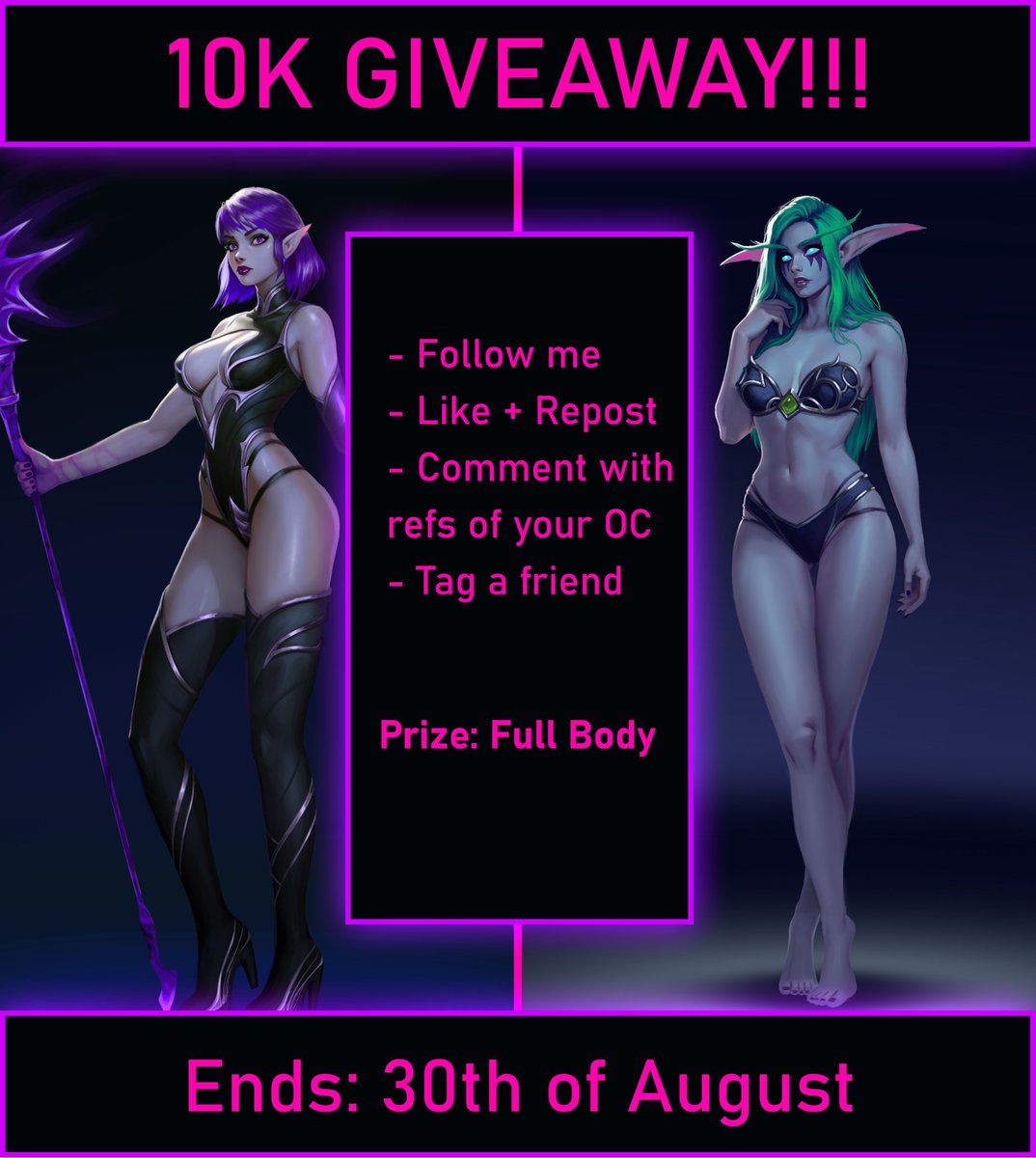 ✨✨10k Giveaway ✨✨

Thank you all so much for your support :3 

In celebration of this milestone I'll be doing a full body giveaway ending  30th of August. Do note that you can give a short description of your OC if you dont have a ref. Also, tagging a friend is optional :)