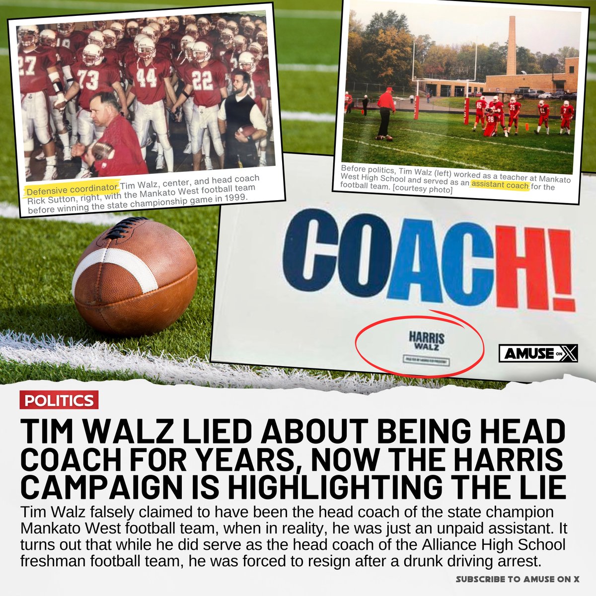 amuse's tweet photo. The Harris campaign has been handing out 'COACH!' signs at its rallies - of course Tim Walz is lying about head coach of the state champion Mankato West football team. He was head coach of a freshman team years earlier but he was forced to resign after his arrest for DUI. https://t.co/l1KTB8WUH0