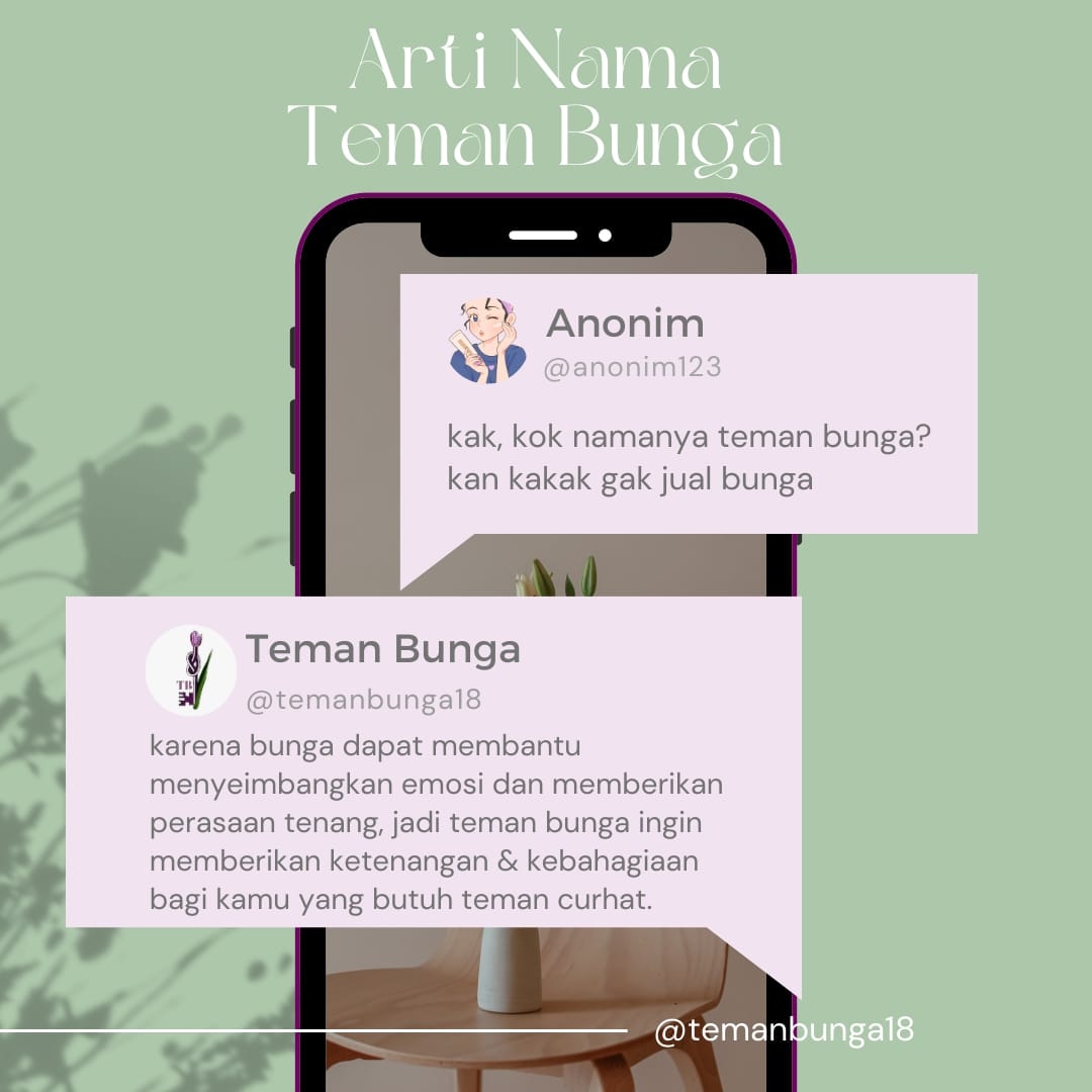 TemanBunga18's tweet photo. Biar makin kenal, itu dibisikin arti nama kita yaa🌷
Katanya tak kenal maka tak sayang.
Sekarang sudah kenal, jadi sayang? Eh...🤭

#temanBunga
#temansetia
#selflove
#curhatanHati 
#support https://t.co/vH2GmhvvEx