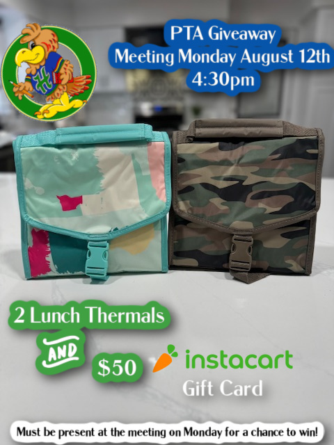 Don't miss the chance to win this great prize. Looking forward to seeing parents at our 1st PTA meeting Monday at 4:30pm!