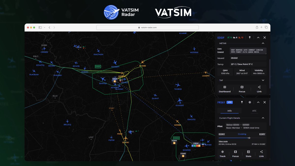 vatsim's tweet image. VATSIM-Radar is here to enhance your virtual skies experience! Enjoy real-time pilot tracking, detailed airport info, and customizable displays. Seamlessly integrate with your VATSIM account for effortless flying. Discover more at vatsim-radar.com! 🚀✨