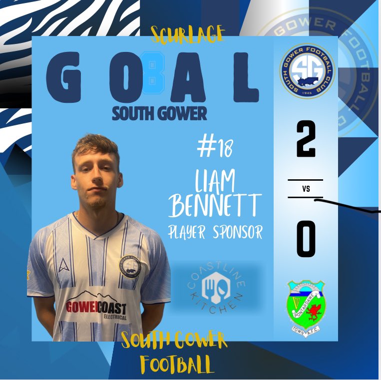 SouthGowerFC's tweet photo. Liam Bennett with the games second goal, driving into the box and putting too much on it for the goalkeeper. 2-0 to the Gower. 

Match day sponsor: @KingArthurHotel

🔵⚪️

#UppaGower https://t.co/fr3NBMAtUr