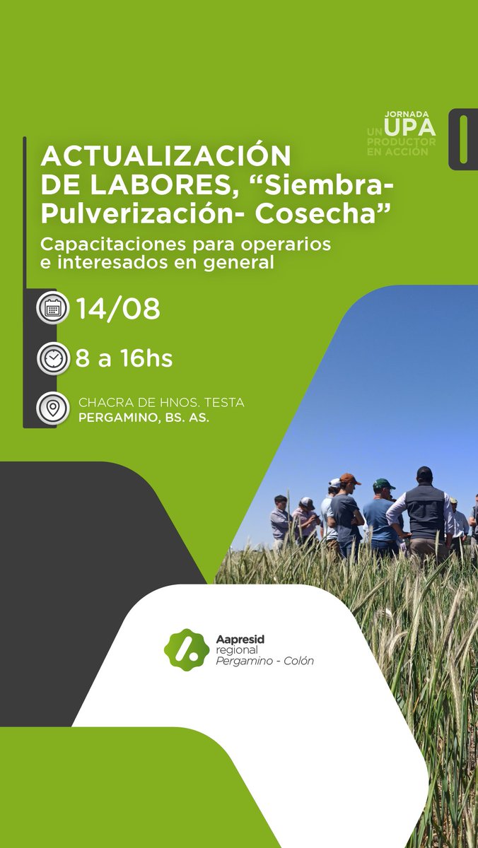 aapresid's tweet photo. 👩🏻‍🌾 ¡Sumate a la próxima UPA!

Nuestra Regional @Aapresid_PC te invita a una jornada de actualización de labores “Siembra- pulverización - cosecha”.

📆 14/08 - 8hs 
📍Chacra de hnos Testa, Pergamino, Bs. As: https://t.co/4xDSB1i8lc

¡Te esperamos! Mirá el cronograma acá ⬇️ https://t.co/ye1cX5WyxF