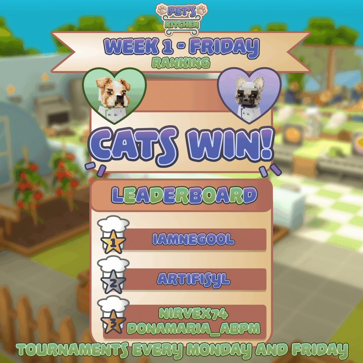 hallugram's tweet photo. Congrats to our new champ, Masterchef @iamnegool! 👩‍🍳🏆

Join our next tournament Monday at 7 PM UTC on Petskitchen Twitch! Cook for #TeamCats or #TeamDogs and win pawsome rewards! 🐱🐶

Shoutout to @artifisyl, @DonaMaria_ABPM, and @Nirvex74 for their mastermind cooking skills! https://t.co/K4nFcsDwhR