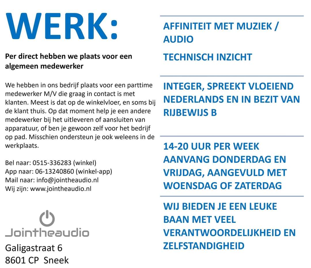 Wij zijn per direct op zoek naar medewerkers!

Volgende week al beginnen? Dat kan hoor!

jointheaudio.nl/content/18-vac…