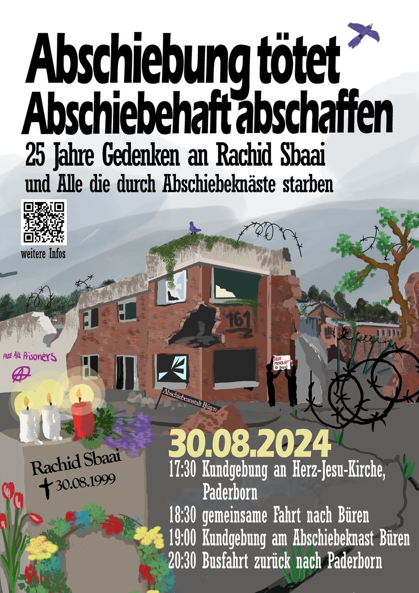 Erst 2023 starb wieder ein junger Mann im #Abschiebegefängnis Büren. Aufklärung gab es bis heute nicht. 

Auf nach #Paderborn und Büren!