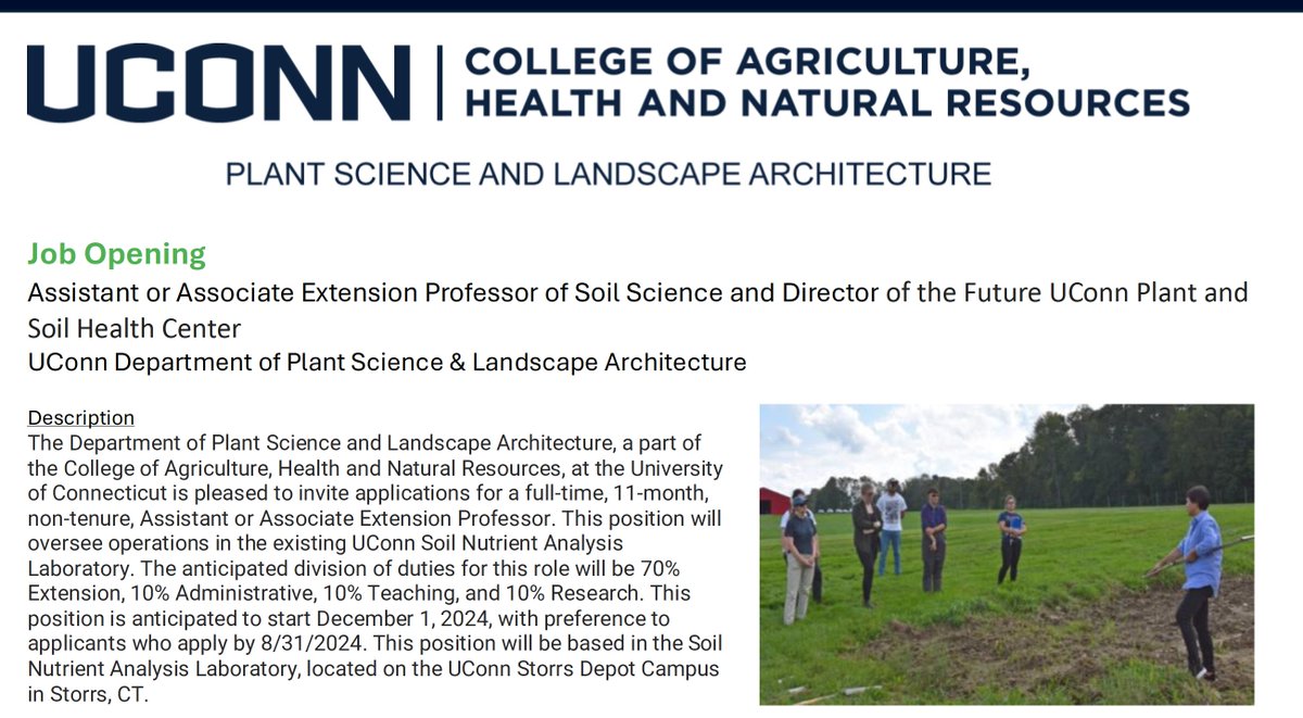 Join our team!  PSLA is recruiting applicants for an assistant or associate Extension professor of soil science to serve as Director of the brand new UConn Plant &amp; Soil  Health Center.  We're a  great department that is starting an exciting new chapter: lnkd.in/emj-R8Yf