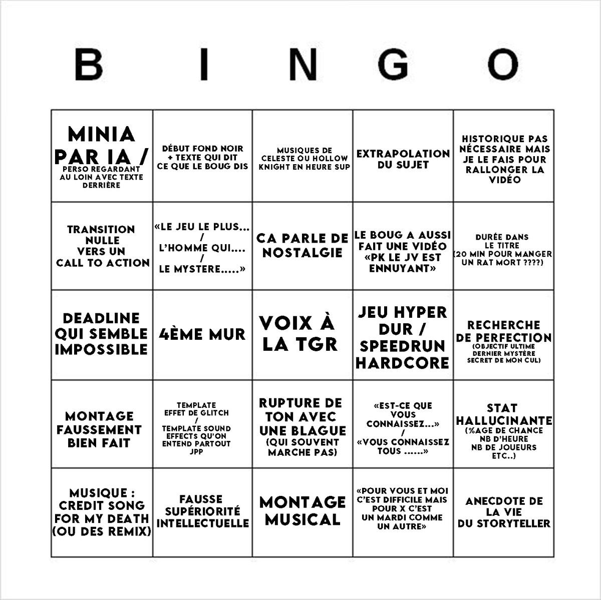 Avec <a href="/Paulygone3D/">Paulygone 3D</a> on a fait un Bingo du Storytelling
N'hésitez pas à le remplir à chaque fois que vous regardez une vidéo storytelling  pour vous amuser ptdr