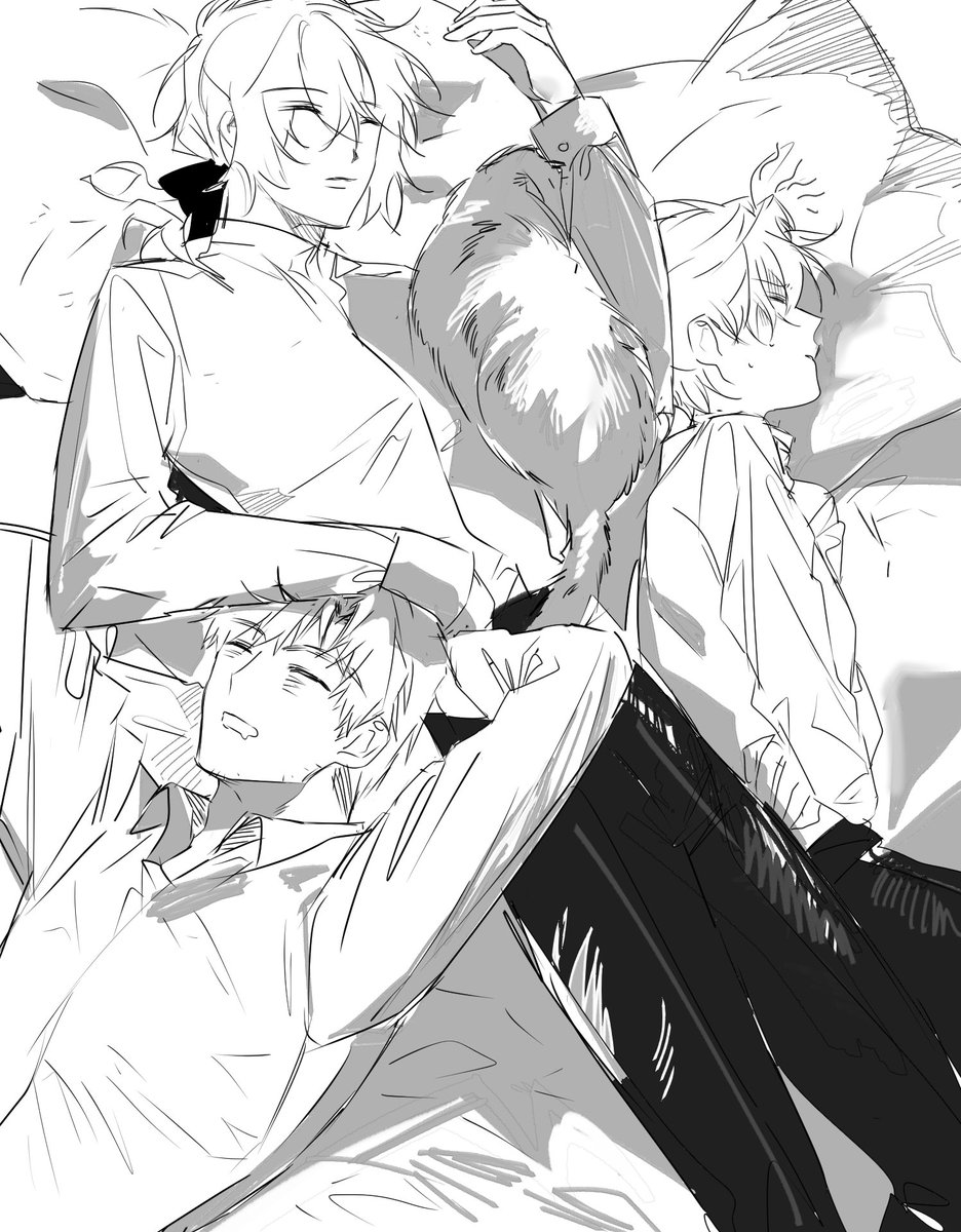 문송 낙서..,, 전날 술 퍼먹고 잠든 3인 1묘,,,