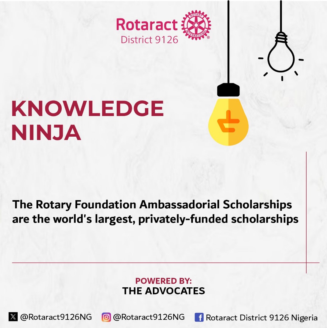 Rotaract9126NG's tweet image. KNOWLEDGE NINJA

Did you know?🤔

The Rotary Foundation Ambasadorial Scholarships are the world largest, privately sponsored scholarships.

Now you know 

Follow us on all Social media: linktr.ee/Rotaract9126NG

Powered by: THE ADVOCATE
District Media Team 2024/25