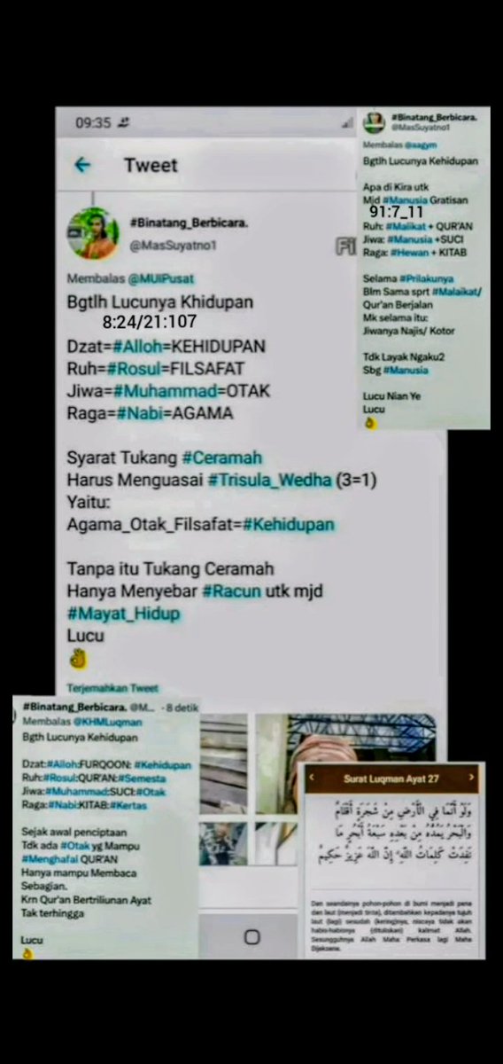 MasSuyatno1's tweet photo. @prophetofzorck Cerita Lucu

63:6
64:12
👇
Gagal Faham Konsep Safa'at
Utk #Memahami Satu Dalil
di Kertas
Hrs Terhubung dgn #Semua 
Dalil2/Ayat2 di Kertas

Dan Hrs terhubung dgn 
Ayat2 yg Tertulis di #Realitas

Ayat2 di Kertas+Ayat2
Di Realitas
Hrs Singkron dgn Ayat2
Yg ada di #Otak

Lucu
👇 https://t.co/Z2ec0YGbkC