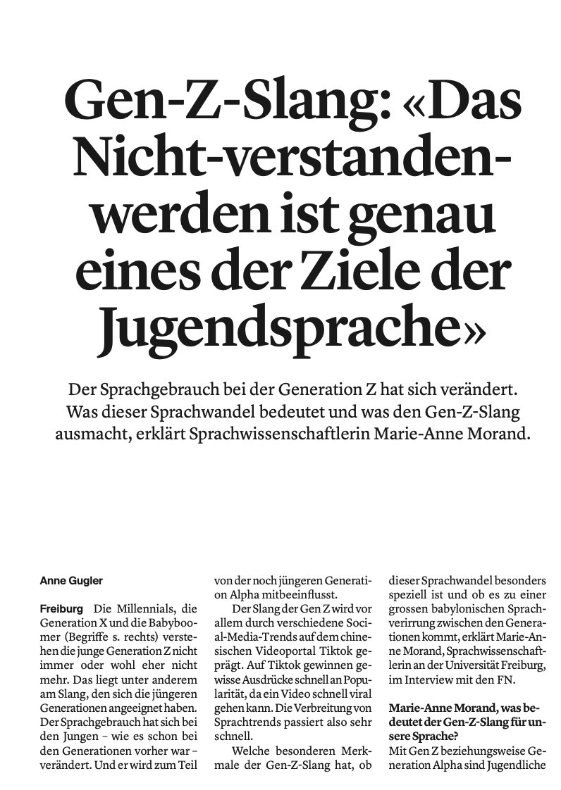 On Friday, a newspaper article on youth language and gen-z slang appeared in the "Freiburger Nachrichten" with yours truly as the "expert"...check it out (it's behind a paywall though...which is why you get a sneak peek here) freiburger-nachrichten.ch/gen-z-slang-da…