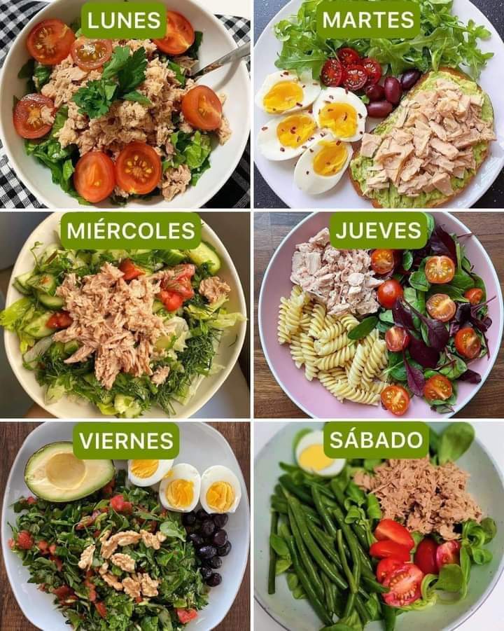 Menús semanales 

Lunes
Ensalada de atun

Martes
Huevo 
Ensalada
Pan con aguacate y atún

Miercoles
Pepino
Espinaca
Atun
Jitomate

Jueves
Pasta
Atun
Ensalada 

Viernes
Huevo
Aguacate
Urugula
Atun

Sabado
Atun
ejotes
Espárragos
Lechuga

*puedes variar cambiando atun por  pollo,