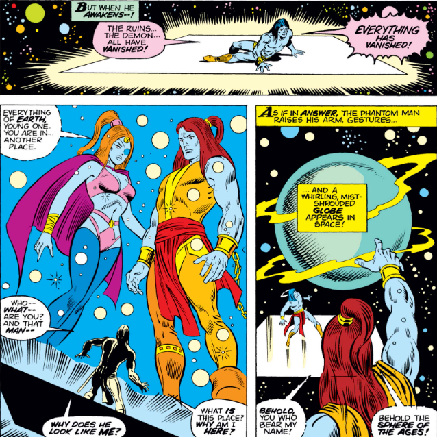 MarvelADay's tweet photo. #MarvelADay #SM66 The magic blade gives our hero a slight case of Cosmic Awareness, and he meets his surface-dwelling ancestors who have a quest for him. - crs https://t.co/nQmNKg7Tjk