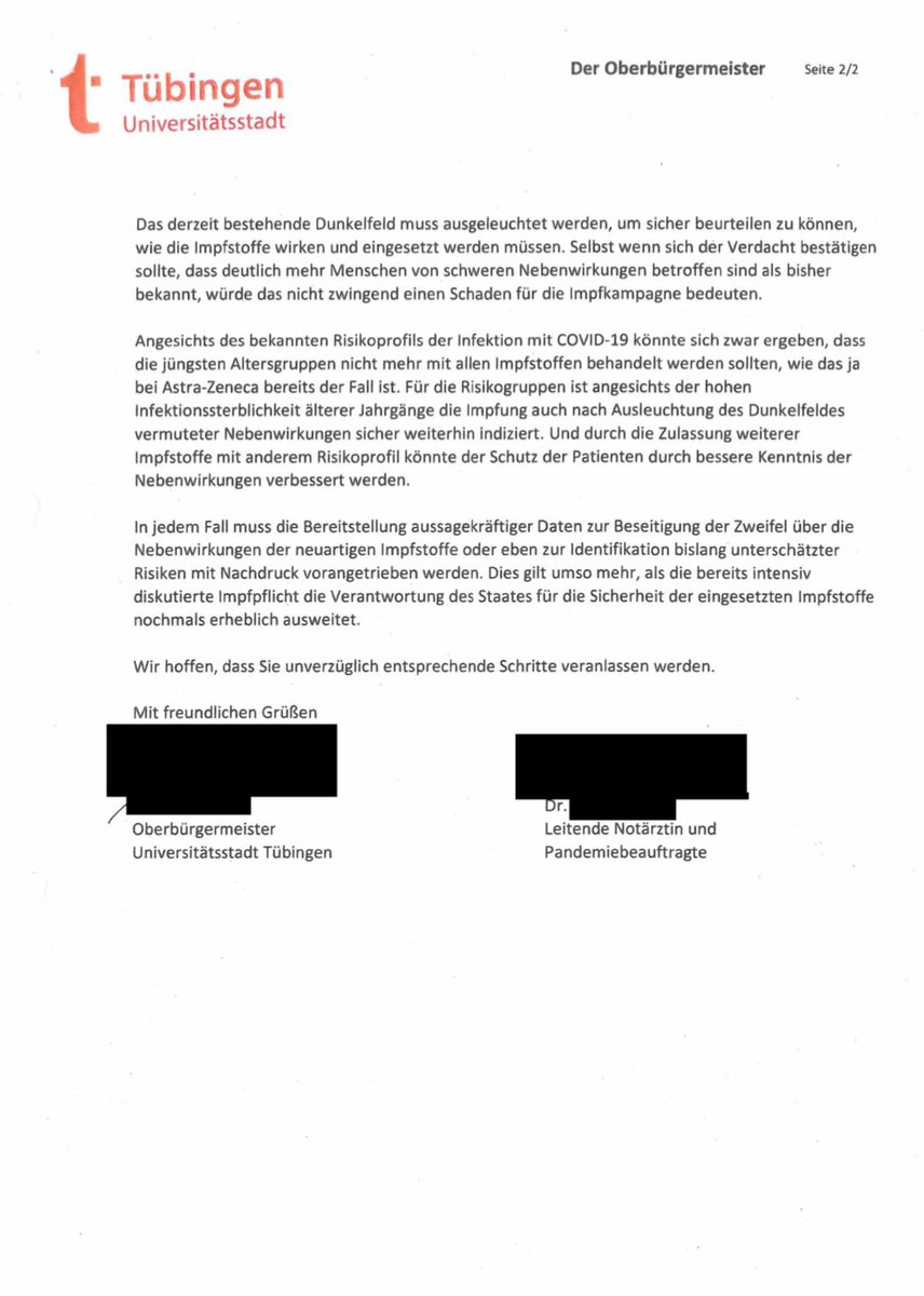 1/ Minister Lauterbach ignorierte nicht nur Erkenntnisse und Risikoeinschätzungen des RKI - er ignorierte allem Anschein nach auch Warnungen vor schwersten Nebenwirkungen während der mRNA-Booster-Kampagne, die ihm aus der Stadt Tübingen schriftlich in 12/21 zugetragen wurden: