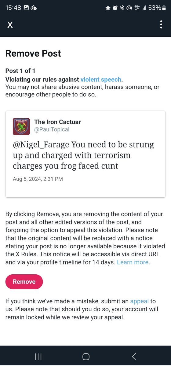 PaulTopical's tweet photo. So calling Farage a frog faced cunt (factually correct) isn't allowed but blaming Muslims for everything and inciting violence towards minorities is? Lol OK. https://t.co/Ss0Fcy3F7u