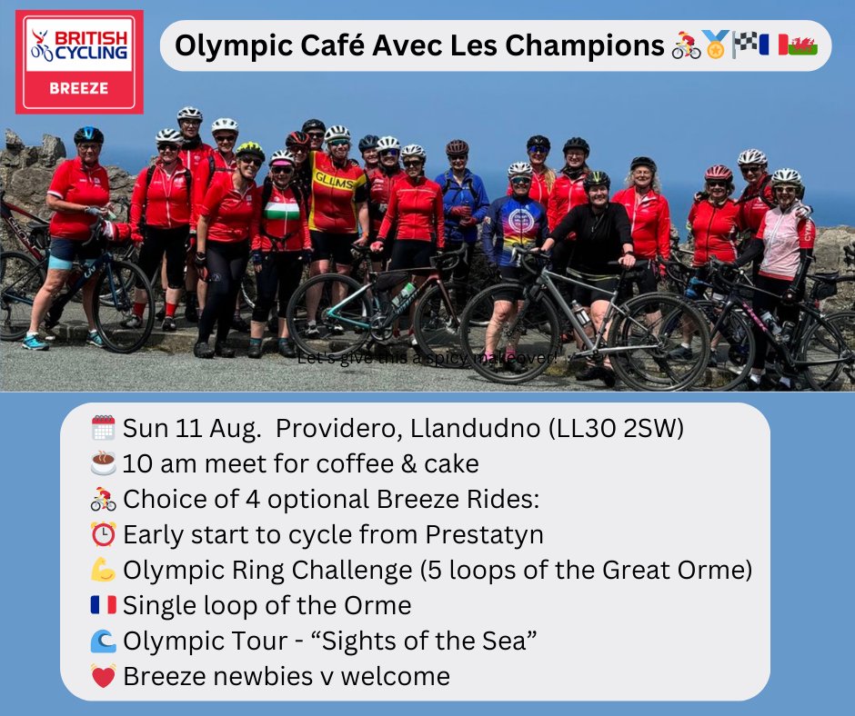 Final day of #Olympics2024Paris tomorrow &amp; weather is looking 😎-yay!  
Celebrate with <a href="/BreezeCycling/">Breeze</a>  "Coffee with the Champs" + rides☕️🍰🚴‍♀️🇫🇷🏴󠁧󠁢󠁷󠁬󠁳󠁿
Details &amp; to book➡️ facebook.com/alex.breeze.14…

<a href="/BeicioCymru/">Beicio Cymru</a> <a href="/CODEMCR/">Robbie George</a> <a href="/NWalesSocial/">#NorthWalesSocial ⬆️🏴󠁧󠁢󠁷󠁬󠁳󠁿🤝</a> <a href="/greatormemines/">Great Orme Mines</a> <a href="/Providero/">Providero Coffeehouse</a> <a href="/TeamGB/">Team GB</a> <a href="/BritishCycling/">British Cycling</a>