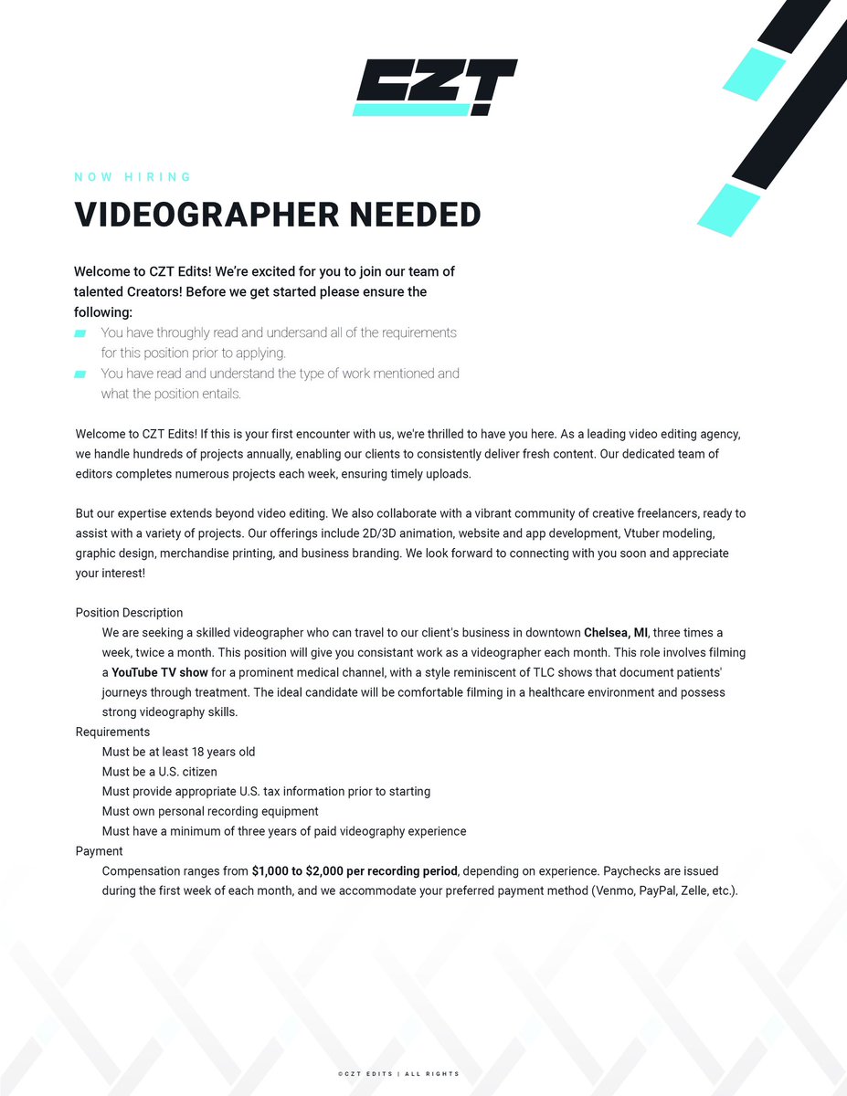 CZT_Edits's tweet photo. We need a Videographer that’s based in Michigan for a YouTube Tv show series! Please share if possible! Thanks everyone! #videographer https://t.co/nCWwZcZ4hq