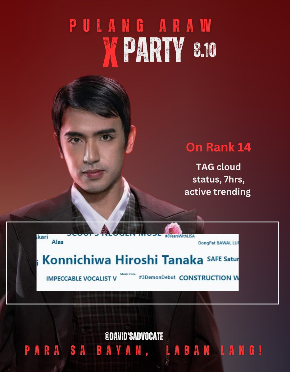 TAG Cloud status as of 10:50pm 
Rank 14, trending for 7hrs.  

MARAMING SALAMAT sa ating lahat na mga nagtutulong-tulong upang makamit itong resulta na ito. Masaya kapag nagkakaisa lang para sa iisang hangarin.  

Laban lang para kay Hiroshi. 

Konnichiwa Hiroshi Tanaka