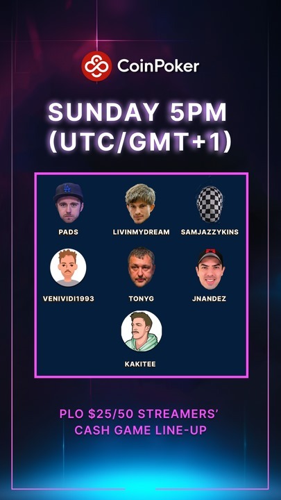GIVEAWAY ALERT!

I’m playing in the CoinPoker streamer VIP game (25/50 PLO) on Sunday at 5 PM BST and will be streaming live! I will give 5% of my winnings to one lucky person.

To qualify
1. Like and RT this post
2. Follow @coinpoker_OFF
3. Sign up to Coin Poker and drop your