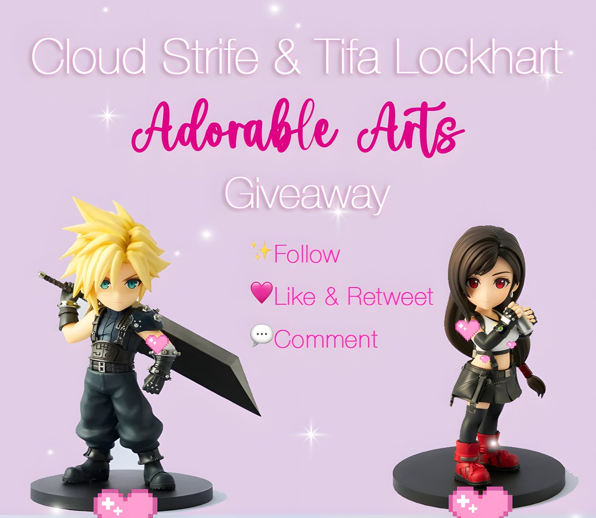 Thank you for 7K followers!! 💜

To celebrate, I'm giving away a set of Cloud and Tifa Adorable Arts! 🐥🐬 
(please note Tifa is on pre-order)

To enter: 
✨ Follow Me
 ❤️ Like and Retweet this post 
 🗨️ Tell me in the comments about your favorite #cloti moment from Rebirth! ✨