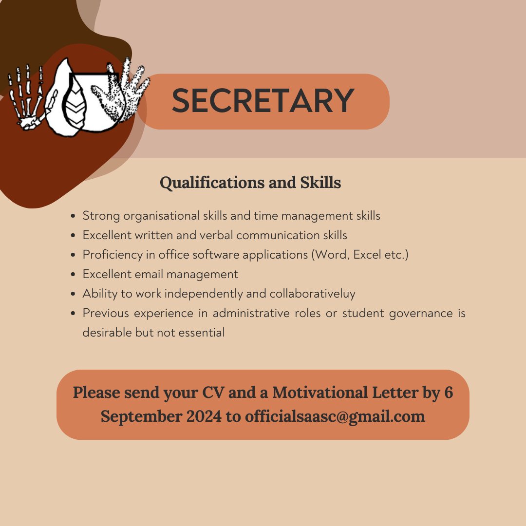 Southern African Archaeology Student Society (@saasst_society) on Twitter photo Council Position Open: Secretary
Please read through the role responsibilities, requirements and skills. Interested candidates can send their CV and Letter of Motivation to officialsaasc@gmail.com by 6 September 2024.
We look forward to your applications 🥳 Council Position Open: Secretary
Please read through the role responsibilities, requirements and skills. Interested candidates can send their CV and Letter of Motivation to officialsaasc@gmail.com by 6 September 2024.
We look forward to your applications 🥳