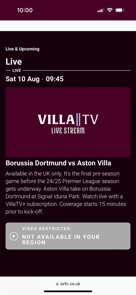 RobTragni's tweet photo. @AVFCOfficial Live in the US. I paid the same amount for VillaTV as everyone else. Why don’t I get to watch the last preseason matchup? https://t.co/pg2BNt52DO