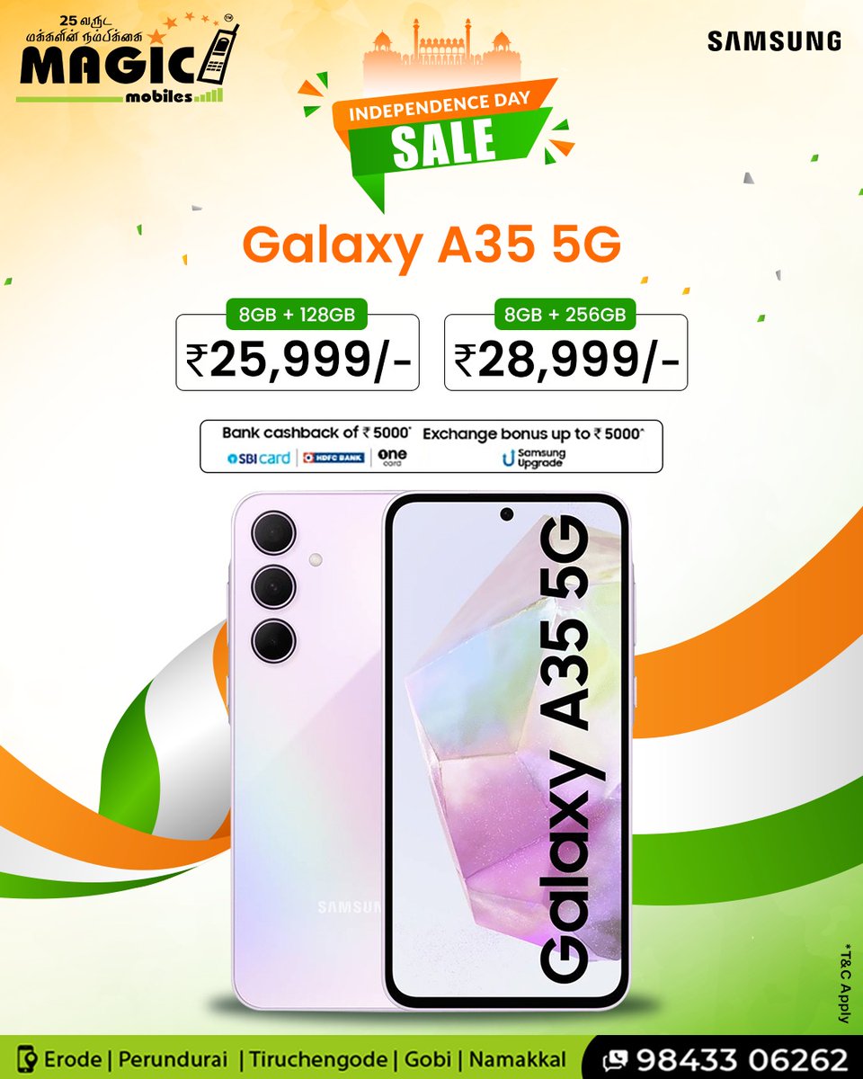 mobiles_magic's tweet photo. ✨Unleash your independence with Samsung Galaxy A35  5G - Exclusive offers inside!✨

Call Now : 98433 06262 📱

#Samsung #Innovation #SamsungCare #LimitedOffer #IndependenceDaySale #BestDeals #CashBack #ExchangeBonus https://t.co/pZzzgRunXq